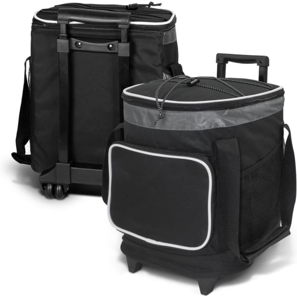 A black cooler trolley with a grey trim, featuring wheels and a retractable handle for easy transport.