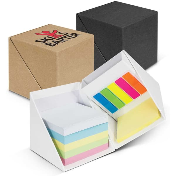 A desk cube featuring a white compartment with assorted sticky notes in pastel colours, alongside black and brown cube containers.