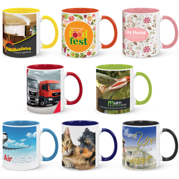 A collection of colourful coffee mugs featuring various designs and logos, including floral and animal themes.