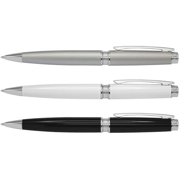 A set of three metal pens in grey, white, and black, featuring silver accents and branding.