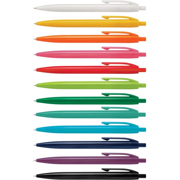 A collection of plastic pens in white, orange, yellow, pink, green, blue, purple, and black, with one logo visible.