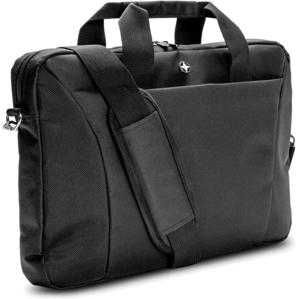 A black 38cm laptop bag featuring two handles, a shoulder strap, and a branding logo.
