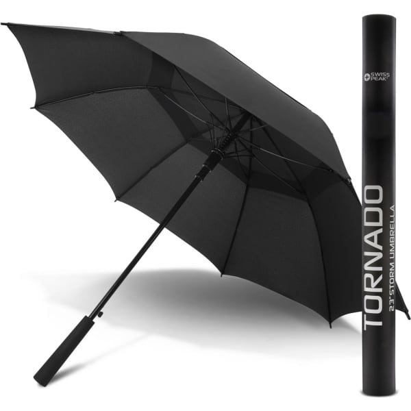 A black Swiss Peak Tornado 58cm umbrella displayed open beside its matching protective cover.