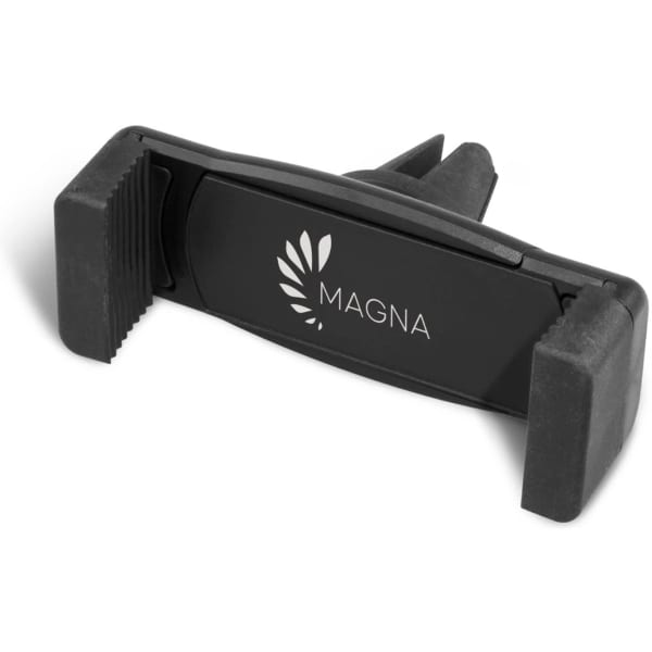 A black car phone holder design featuring a central branding area. Suitable for various phone sizes.