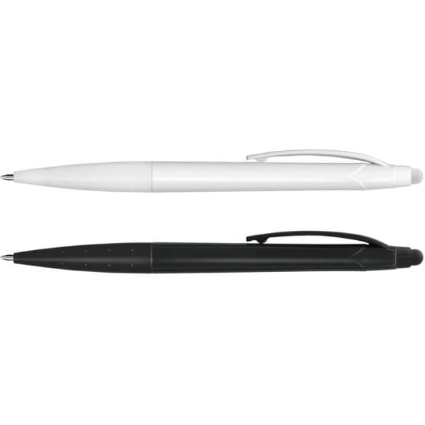 A stylus pen set featuring a white pen and a black pen, designed for writing and touchscreen use.