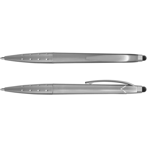 A metallic stylus pen featuring a sleek design with a textured grip and a built-in stylus tip.