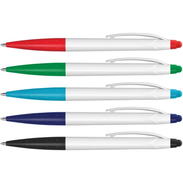 A set of five stylus pens with white barrels and caps in red, green, blue, and black. Each pen features a clip.