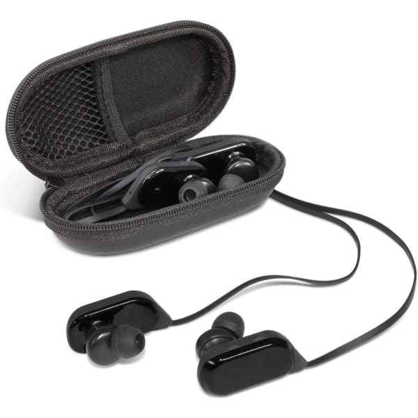 A pair of black Bluetooth earbuds inside a zipped case, featuring a mesh pocket for small accessories.