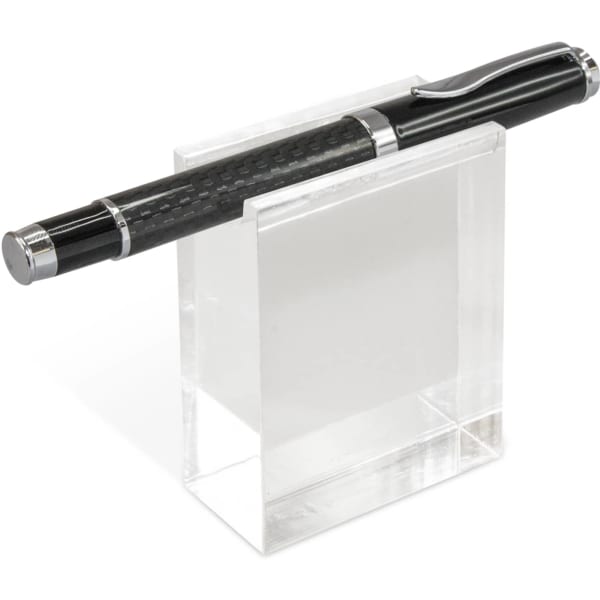 A clear acrylic display stand holds a sleek black pen, showcasing its elegant design.