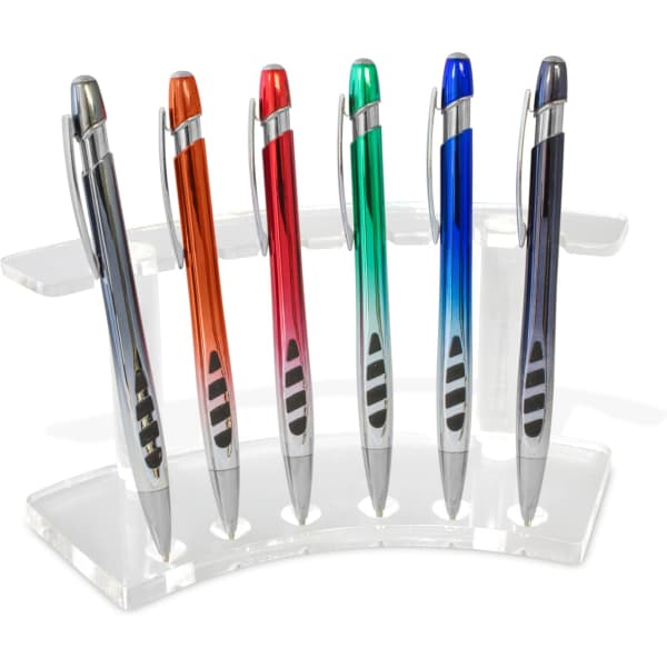 A clear acrylic stand displaying six metallic pens in orange, red, green, blue, and black.