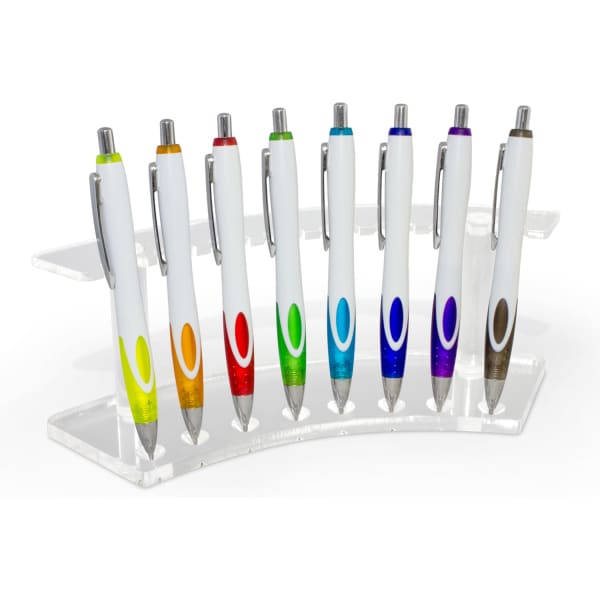 A clear display stand holding eight white pens with colourful accents in green, yellow, orange, red, blue, and purple.