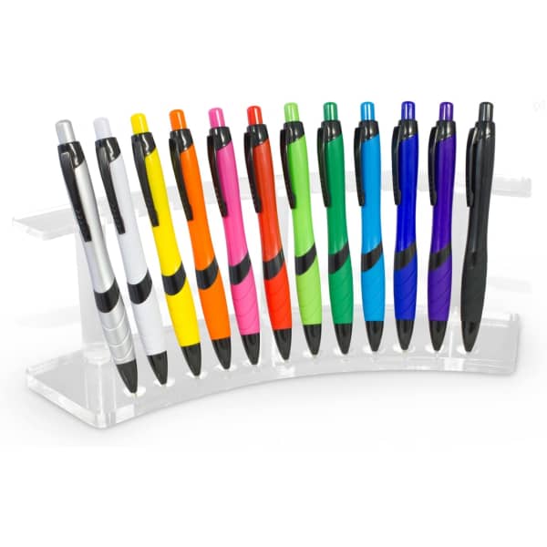 A pen display stand with twelve multicoloured pens, including black, silver, yellow, orange, green, and purple.