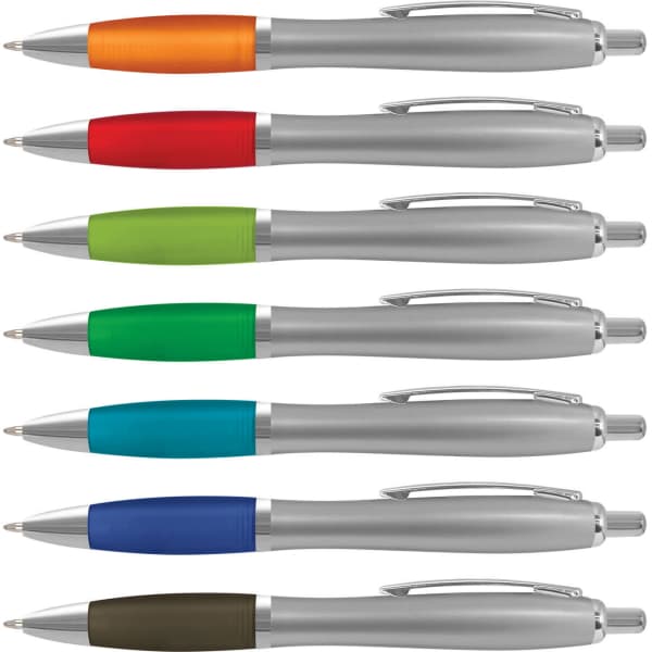 A collection of plastic pens with silver barrels and vibrant coloured grips in orange, red, green, teal, blue, and brown.