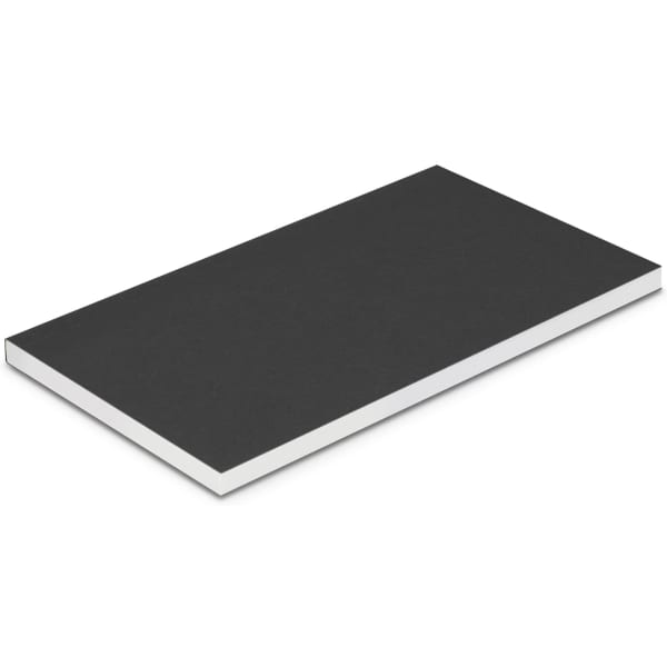 A small black notebook with a white edge, featuring a smooth cover surface and a simple design.