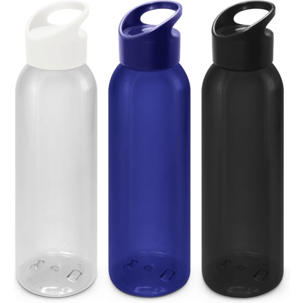 A drink bottle set featuring clear, blue, and black bottles, each with a spout and handle for easy carrying.