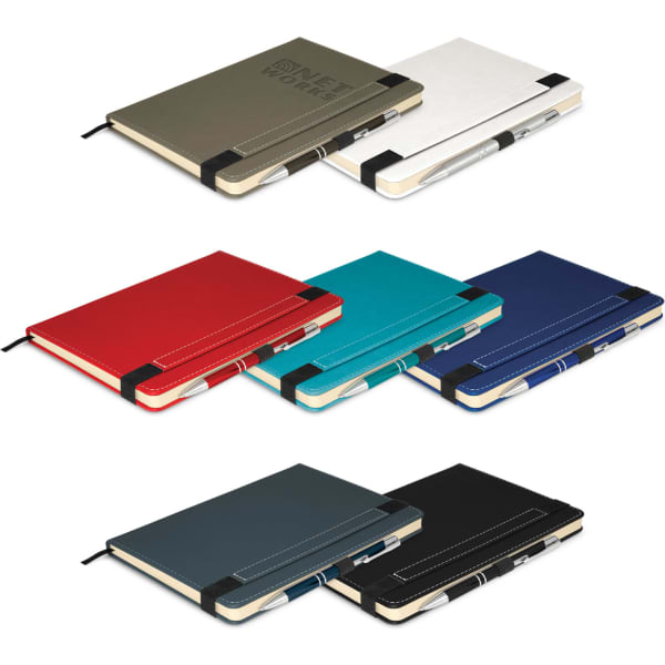 A selection of Premier Notebooks in various colours with a pen, featuring a logo and elastic band closure.