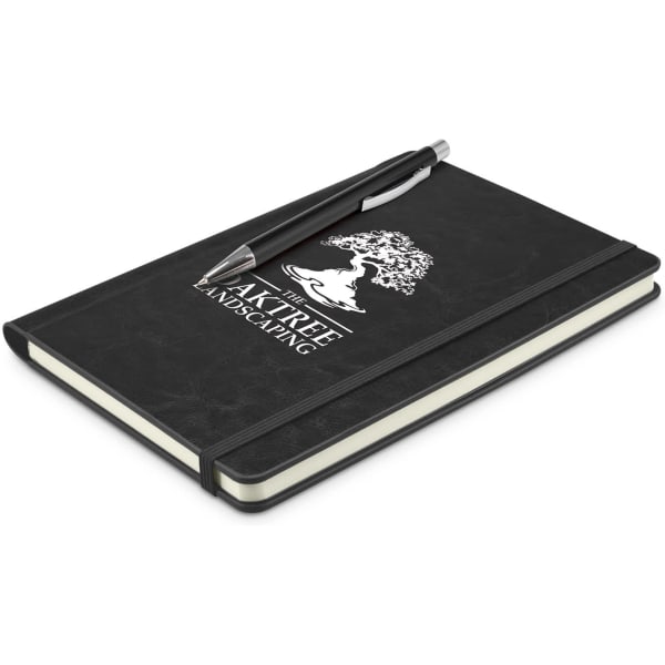A black notebook with a pen resting on it, featuring a logo on the cover.
