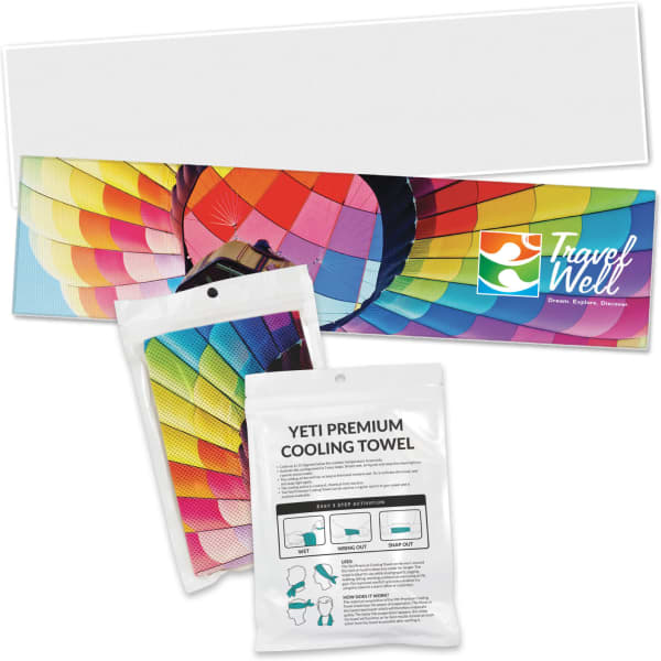 A pouch containing a multicoloured Yeti premium cooling towel, set against a vibrant hot air balloon backdrop.