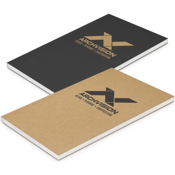 Two medium-sized notebooks stacked, one with a black cover and the other with a brown cover, both featuring a logo.