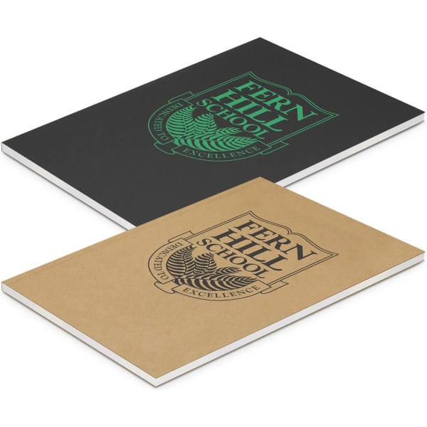 A large notebook featuring a black cover with green logo and a brown cover with a black logo, both branded.