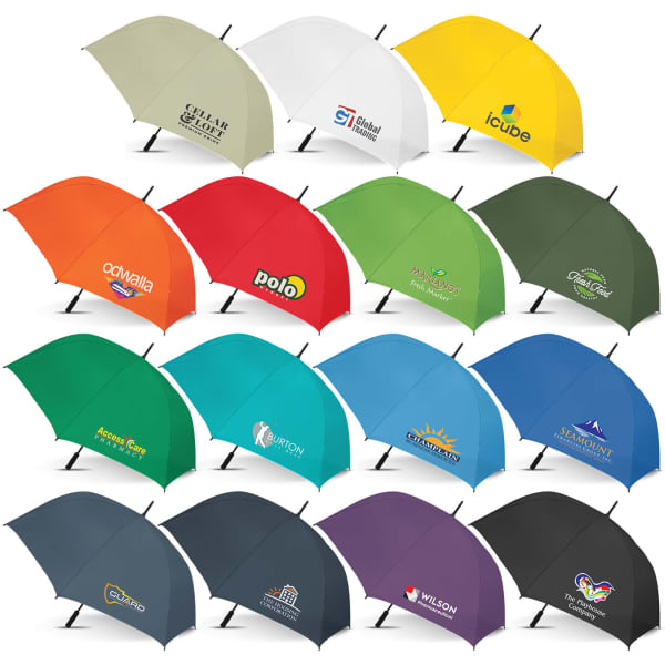 A collection of umbrellas in various colours, featuring different logos and branding on each.