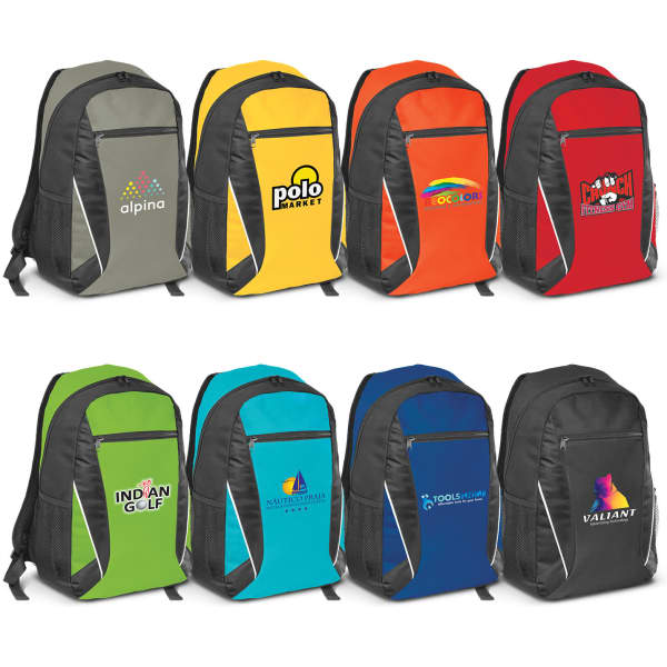 A collection of eight backpacks in various colours, featuring different logos and designs on the front.