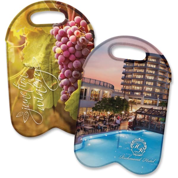 A neoprene wine cooler bag featuring full-colour images of grapes and a hotel pool scene. Includes a logo.