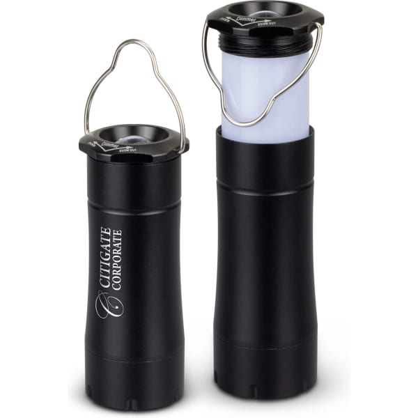 A black Blaze Flashlight Lantern with a removable lid and a hanging hook, featuring a logo on the side.