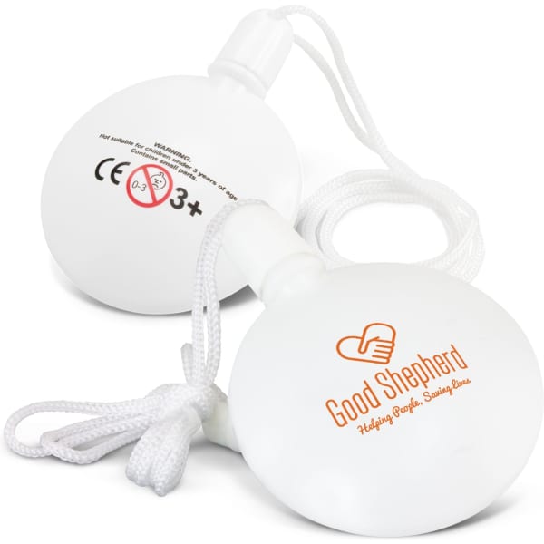 A round white bubble kit with a cord, featuring a logo on one side.