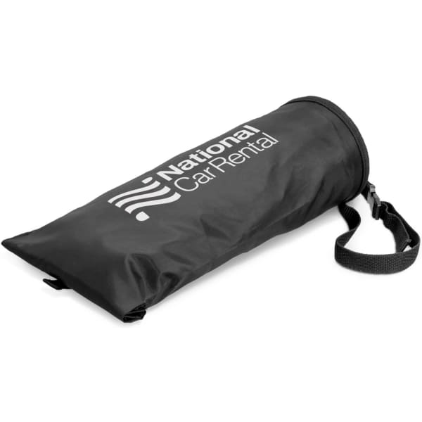 A black storage bag with a strap and a logo, designed for keeping items tidy in a car.