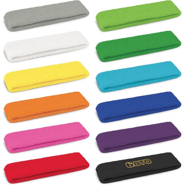 A collection of head sweat bands in various colours, including white, green, yellow, orange, pink, blue, purple, and red.