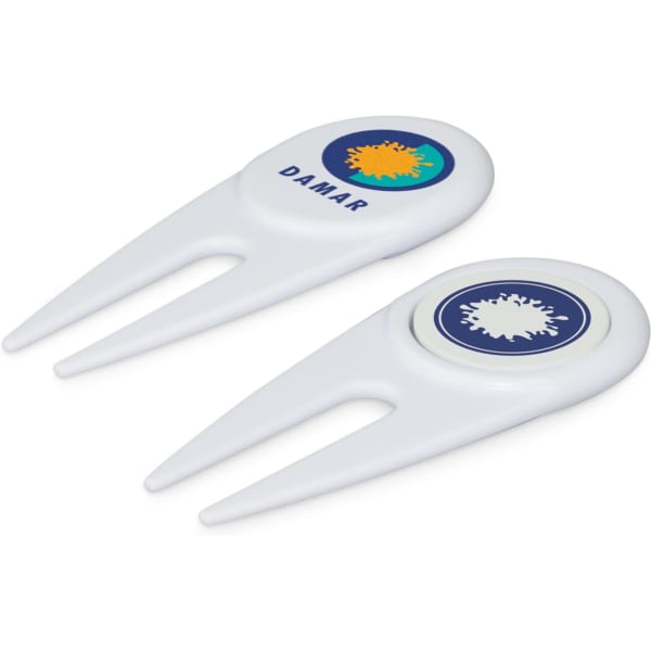 A white golf divot repairer featuring two designs with a logo. It includes a marker for ball marking.