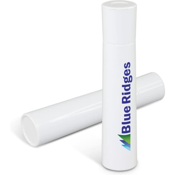 A white lint roller with a branded logo, standing upright beside a cylindrical case.