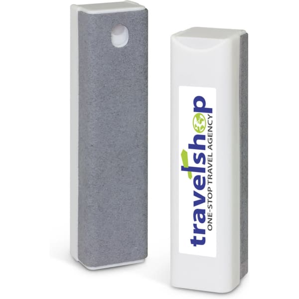 A grey and white cleaning cloth with a branding logo, designed for cleaning screens and devices.