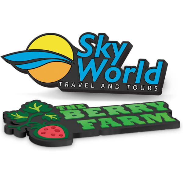 A PVC fridge magnet featuring a blue and yellow logo for Sky World and a green and red design for The Berry Farm.