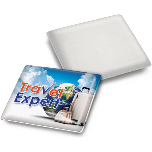 A rectangular screen cleaner featuring a world map design and a logo. Predominantly white with colourful graphics.