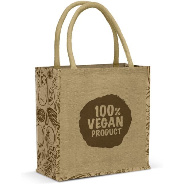 A jute tote bag in a natural brown colour featuring a logo and a decorative design on the sides.