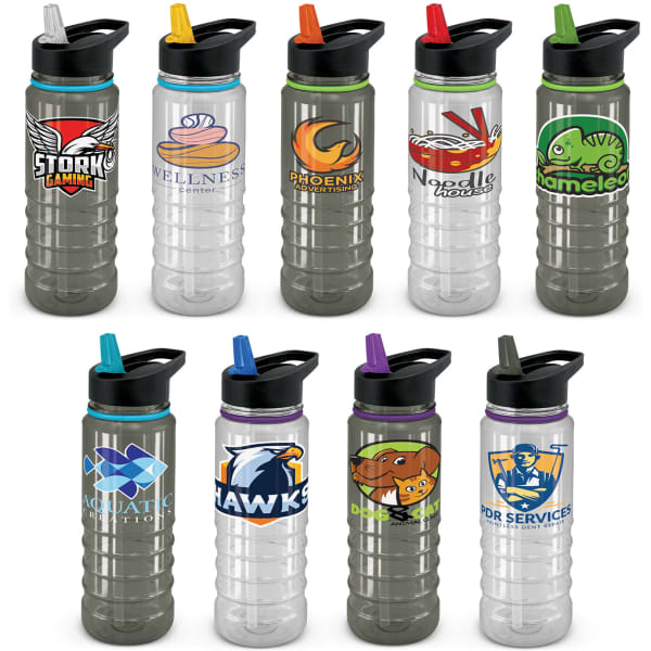 A drink bottle in clear and black with various coloured lids, featuring multiple logos and designs on the body.