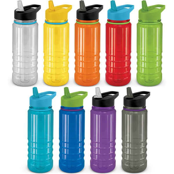 A collection of ten drink bottles in various colours: clear, yellow, red, green, blue, purple, and grey, each with a lid and logo.