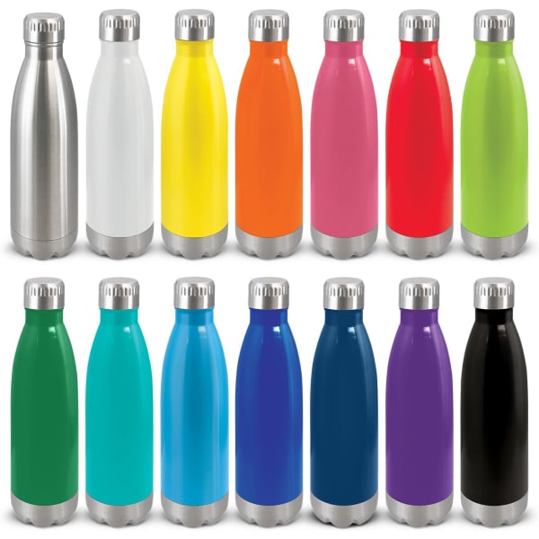 A drink bottle collection featuring stainless steel and various coloured designs with metallic caps.