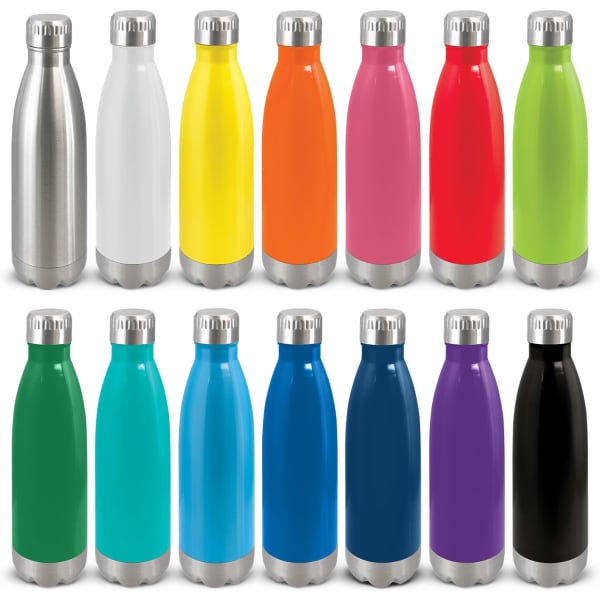 A drink bottle collection featuring various colours, including stainless steel, white, yellow, orange, pink, red, green, blue, and black.