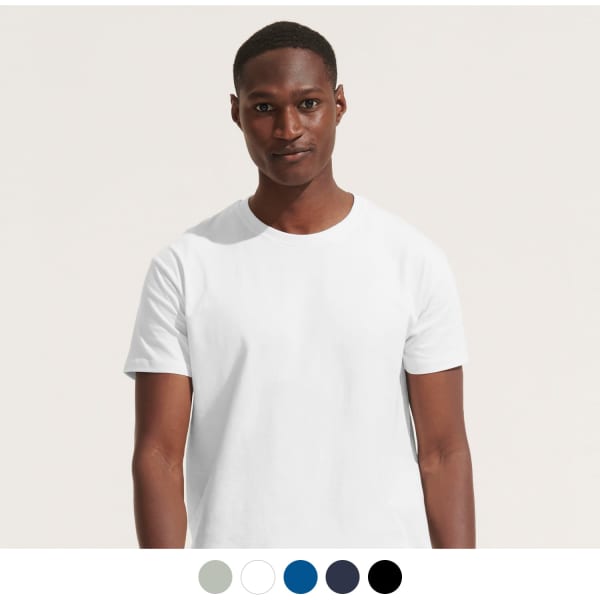 A white adult t-shirt displayed on a model, featuring a round neckline and short sleeves, with a logo present.