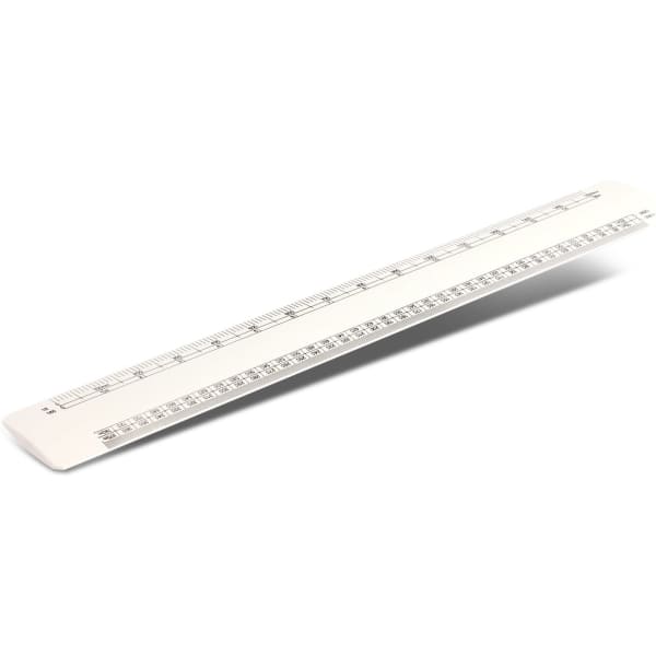 A white scale ruler with both metric and imperial measurements, featuring a subtle logo.