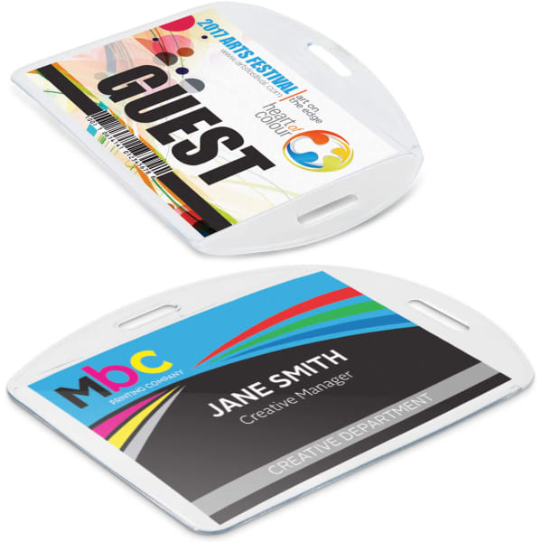A dual-sided ID holder featuring a colourful design on one side and a sleek, professional layout on the other.