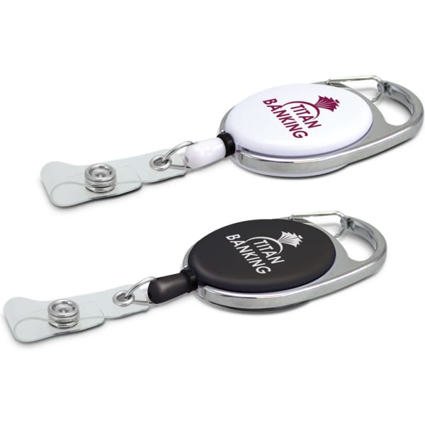 A white and a black retractable ID holder with a metal clip, featuring a logo on each.