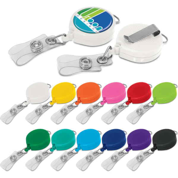 A set of retractable ID holders in various colours, featuring a clip and a logo on the top of each holder.