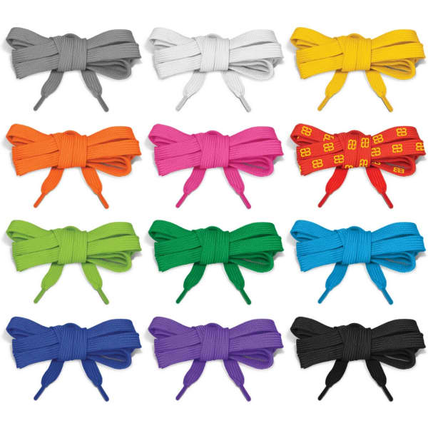 A selection of shoe laces in various colours, including grey, white, yellow, pink, green, blue, purple, and black, all tied in bows.