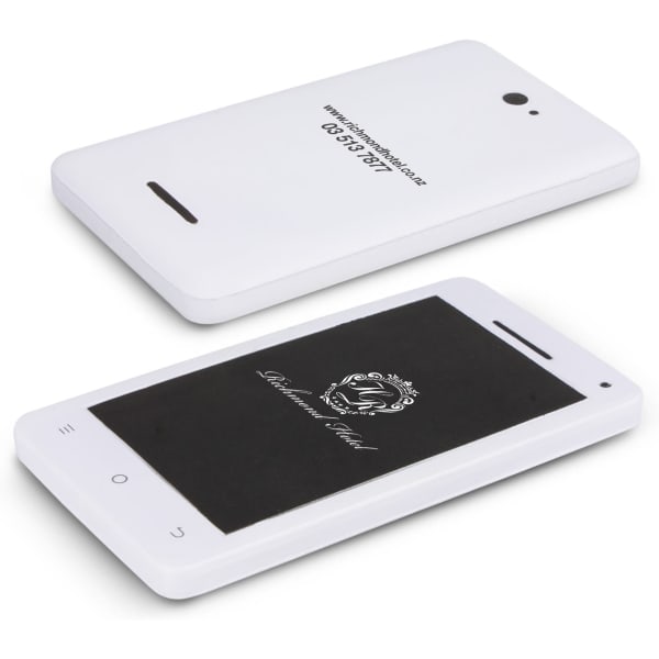 A white stress-relief phone-shaped keyring with a black screen and a logo on the back.