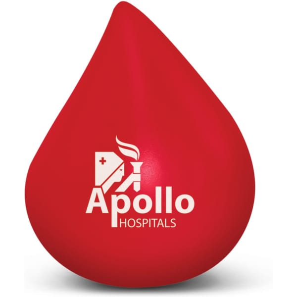 A red stress ball shaped like a blood drop, featuring a logo. Suitable for fun and games.