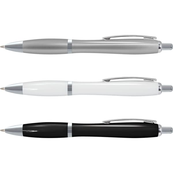 Three plastic pens in silver, white, and black colours, each featuring a metallic clip and accents.